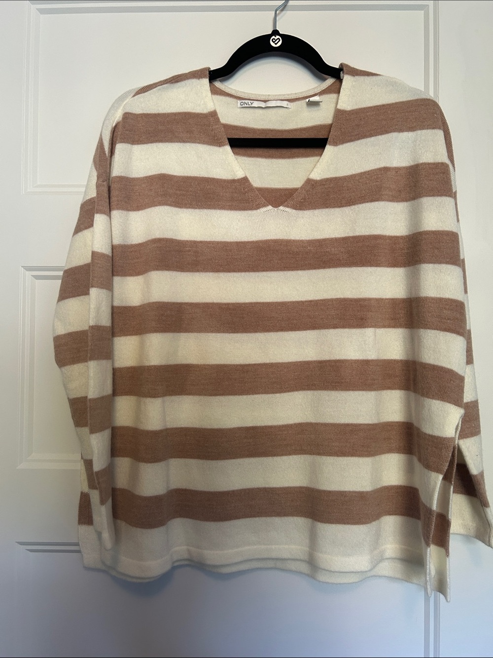 ONLY Cream and Tan Striped V-Neck Knit Sweater